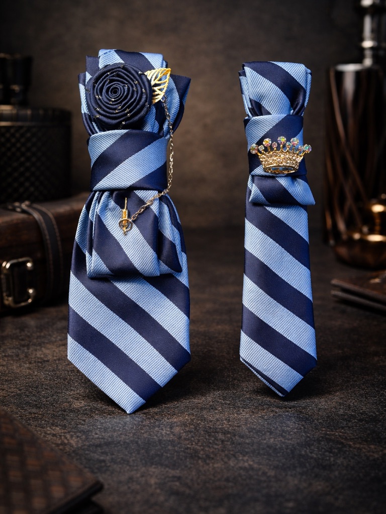 Classic Navy  Light Blue Striped Necktie Set  Men Accessories